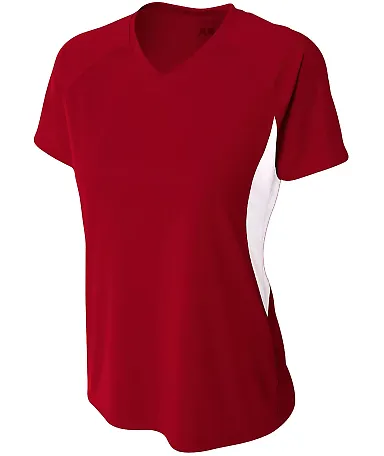 NW3223 A4 Women's Color Blocked Performance V-Neck CARDINAL/ WHITE front view