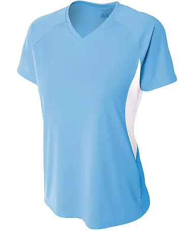 NW3223 A4 Women's Color Blocked Performance V-Neck LT BLUE/ WHITE front view