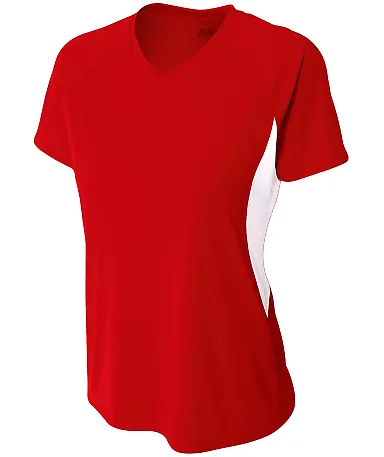 NW3223 A4 Women's Color Blocked Performance V-Neck SCARLET/ WHITE front view