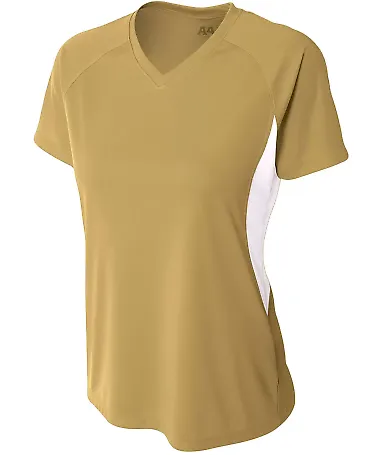NW3223 A4 Women's Color Blocked Performance V-Neck VEGAS GOLD/ WHT front view
