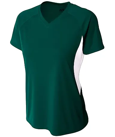 NW3223 A4 Women's Color Blocked Performance V-Neck FOREST/ WHITE front view