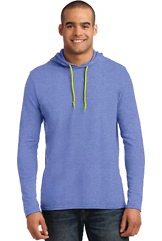 Anvil 987 by Gildan Long-Sleeve Hooded T-Shirt in Hth blu/ neo yel front view