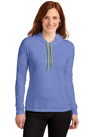 887L Anvil Ladies' Ringspun Long-Sleeve Hooded T-S in Hth blu/ neo yel front view