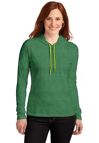 887L Anvil Ladies' Ringspun Long-Sleeve Hooded T-S in Hth grn/ neo yel front view