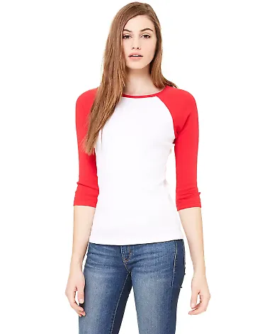 Bella 2000 Ladies Ribbed 3/4 Sleeve Baseball Tee B in White/ red front view