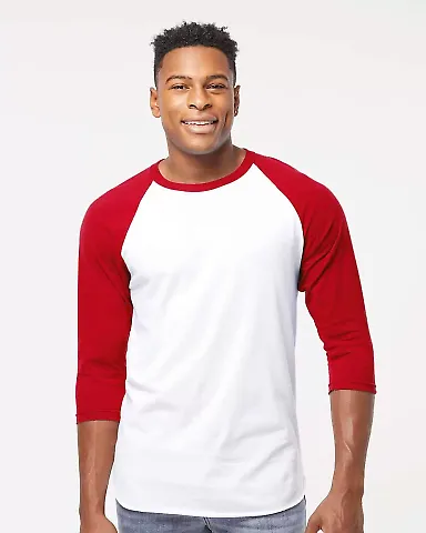 Tultex 0245TC Unisex Fine Jersey Raglan Tee in White/ red front view