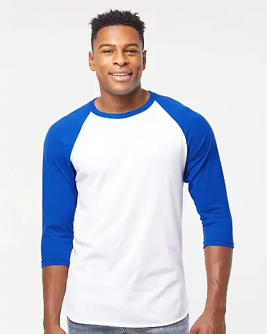 Tultex 0245TC Unisex Fine Jersey Raglan Tee in White/ royal front view