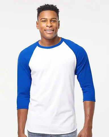 Tultex 0245TC Unisex Fine Jersey Raglan Tee White/ Royal front view