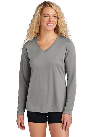 LST353LS Sport-Tek® Ladies Long Sleeve V-Neck Com in Gryconhthr front view