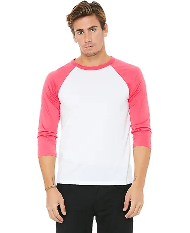 BELLA+CANVAS 3200 Unisex Baseball Tee WHITE/ NEON PINK front view