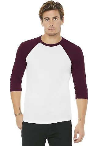 BELLA+CANVAS 3200 Unisex Baseball Tee WHITE/ MAROON front view