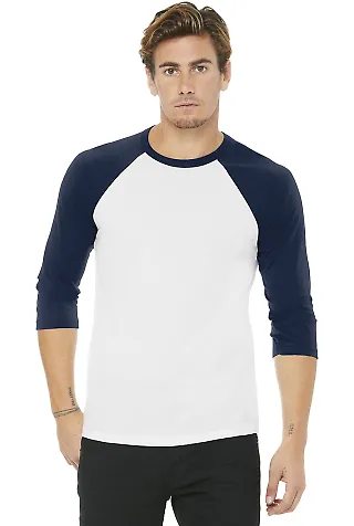 BELLA+CANVAS 3200 Unisex Baseball Tee WHITE/ NAVY front view