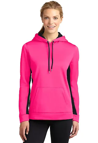 LST235 Sport-Tek® Ladies Sport-Wick® Fleece Colo Neon Pink/Blk front view