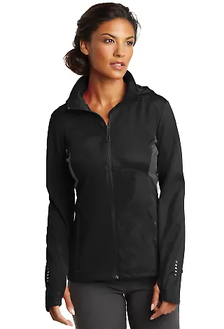 LOE721 OGIO® ENDURANCE Ladies Pivot Soft Shell Blktp/Gear Gry front view