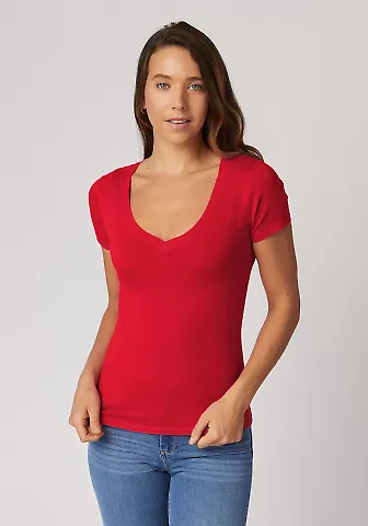 LC1125 Cotton Heritage Juniors V-Neck Tee in Red front view