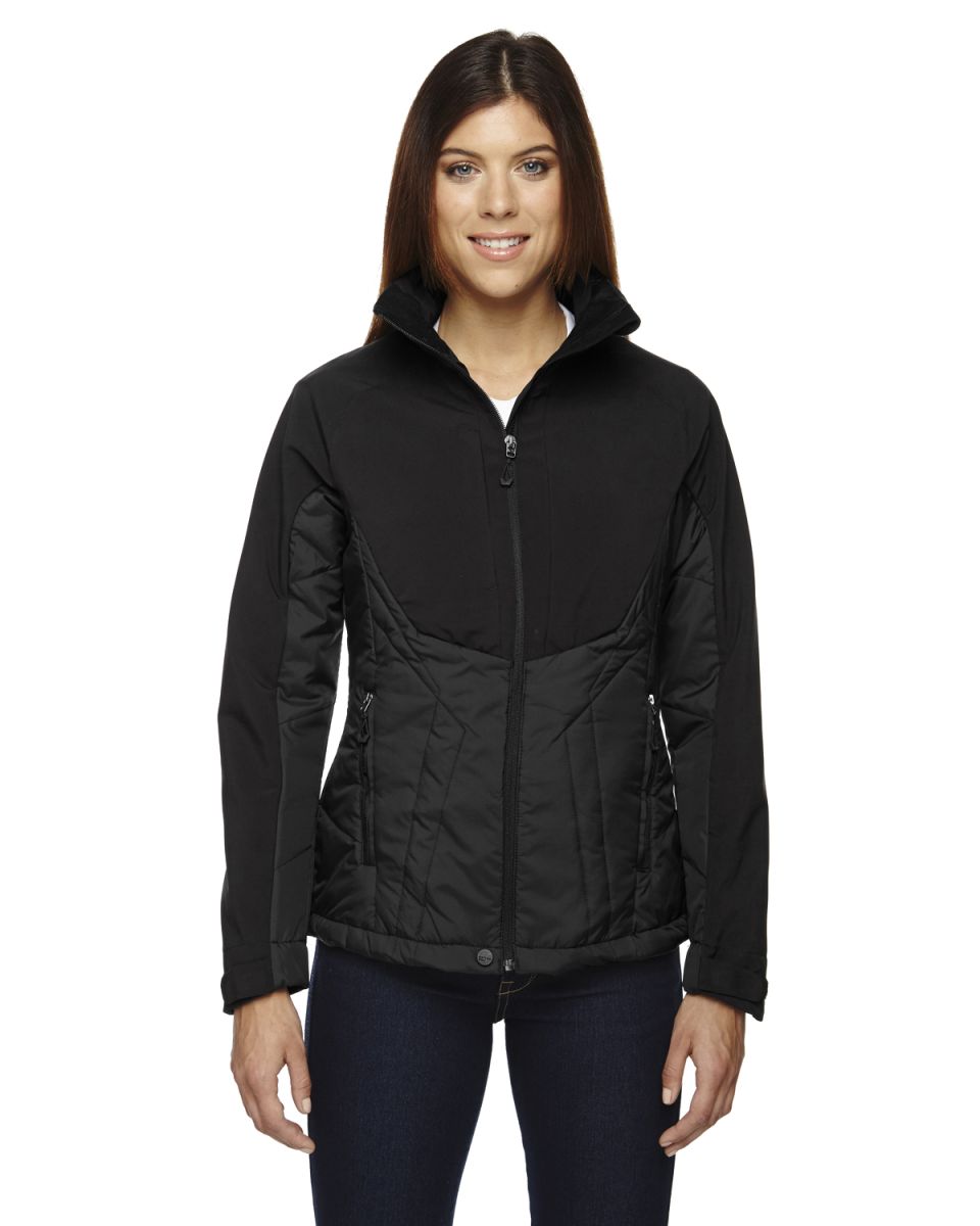 78679 Ash City - North End Sport Red Ladies' Innovate Insulated Hybrid Soft Shell Jacket BLACK front view