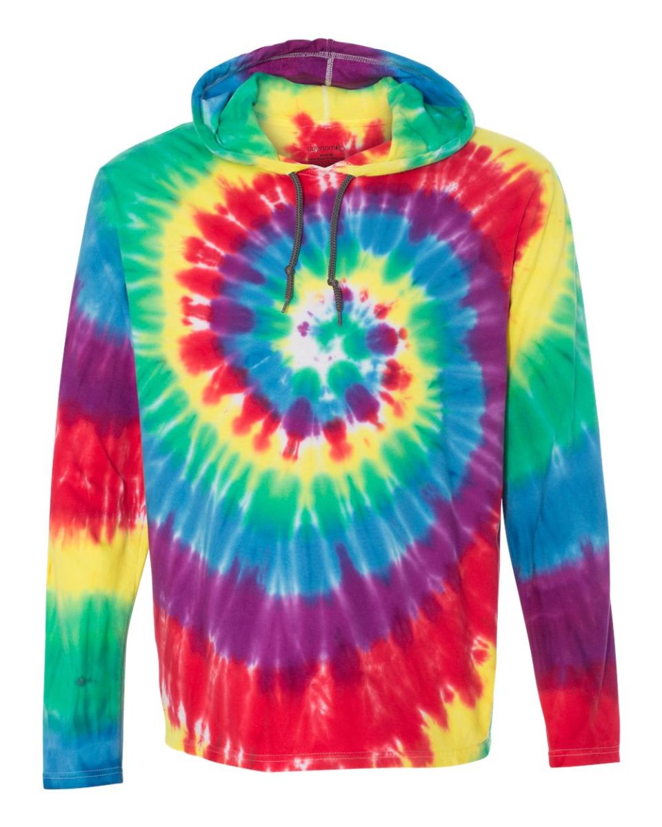 Dyenomite 430VR Tie-Dyed Hooded Pullover T-Shirt Classic Rainbow Spiral front view