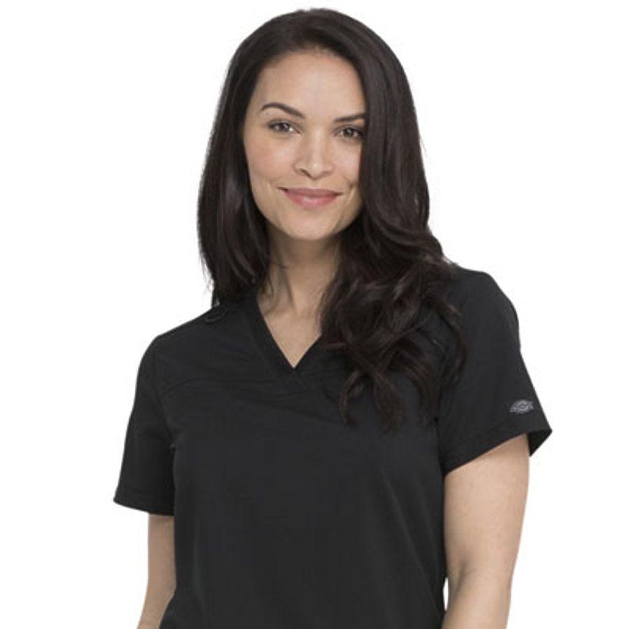 Dickies Medical DK870 -V-Neck Top With Rib Knit Pa Black front view
