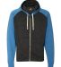 8874 J. America - Triblend Raglan Full-Zip Hooded Sweatshirt Black/ Royal Triblend front view