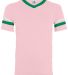 Augusta Sportswear 361 Youth V-Neck Football Tee in Light pink/ kelly/ white front view