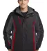 Port Authority J321    Colorblock 3-in-1 Jacket in Blk/mag gy/red front view