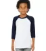 3200Y Bella + Canvas Youth Three-Quarter Sleeve Ba in White/ navy front view