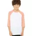 3200Y Bella + Canvas Youth Three-Quarter Sleeve Ba in Wht/ hthr peach front view