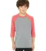 3200Y Bella + Canvas Youth Three-Quarter Sleeve Ba in Grey/ red trblnd front view