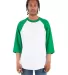 Shaka Wear SHRAG Adult 6 oz 3/4 Sleeve Raglan T-Sh in White/ kelly grn front view
