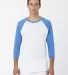 Los Angeles Apparel FF53 3/4 Slv Ctn Poly Raglan 3 in White/heather lake blue front view