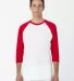 Los Angeles Apparel FF53 3/4 Slv Ctn Poly Raglan 3 in White/red front view