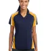 Sport Tek Ladies Tricolor Micropique Sport Wick Po in Tr navy/gld/wh front view