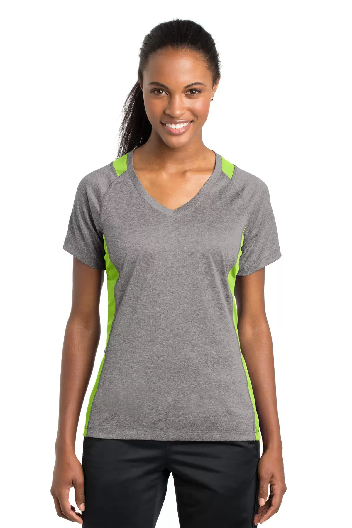 LST361 Sport-Tek® Ladies Heather Colorblock Contender™ V Neck T Shirts