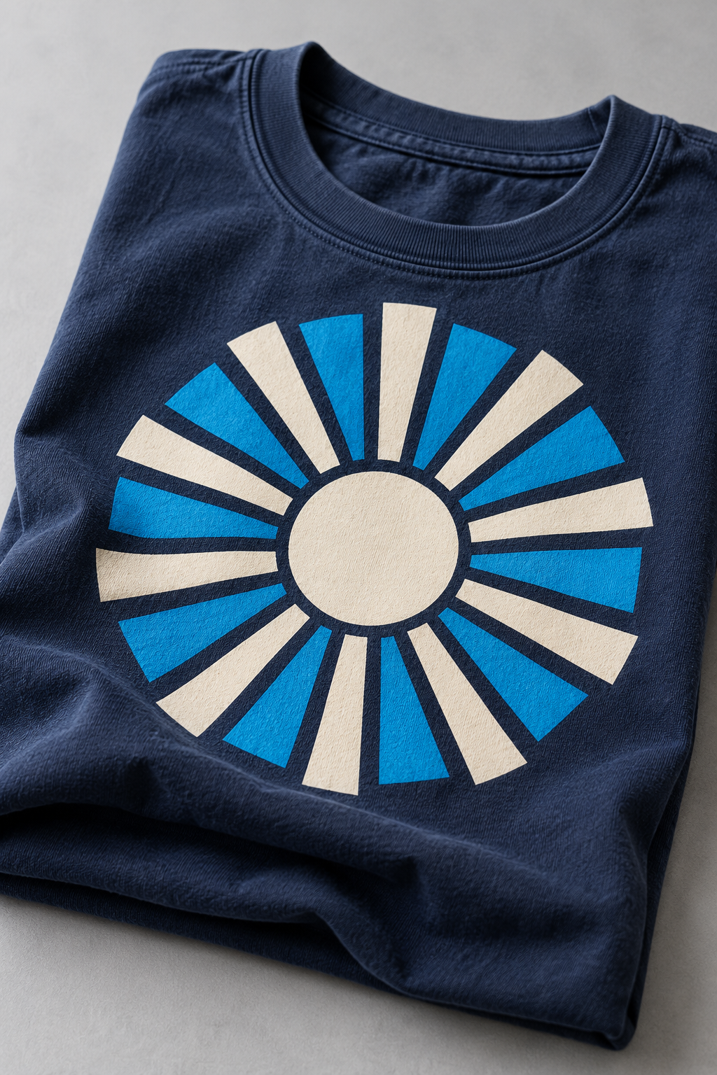 Navy cotton tee with a bold blue and ivory screen-printed sunburst